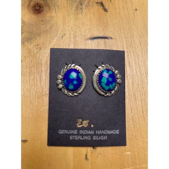 NEW!Genuine Indian Hand Made Sterling Silver Earrings Blue/Teal. Azurite? womens - Picture 1 of 2